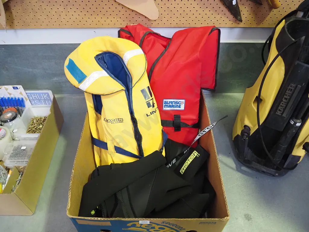 box; life jackets, child's wetsuit Image 1++