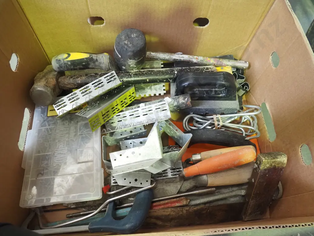 box; heavy hammer, rubber mallet, joist hangers etc Image 1++