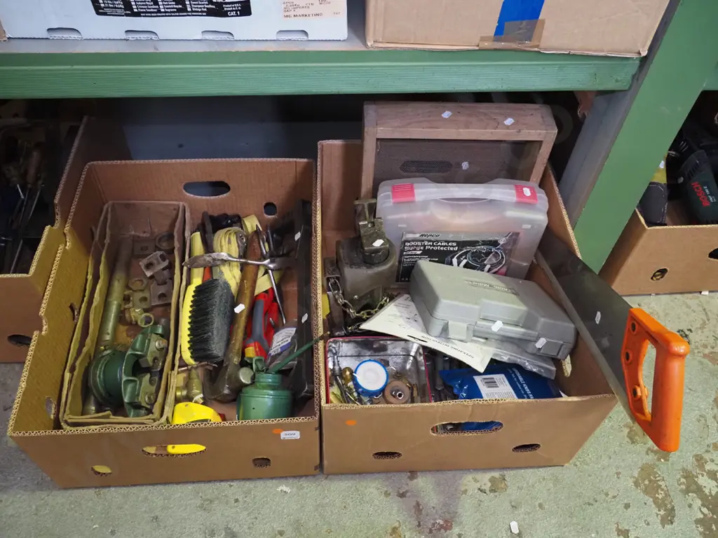 2 boxes; hack saw, hammer, oiler, vintage car jack, jumper leads etc - orange dots Image 1++