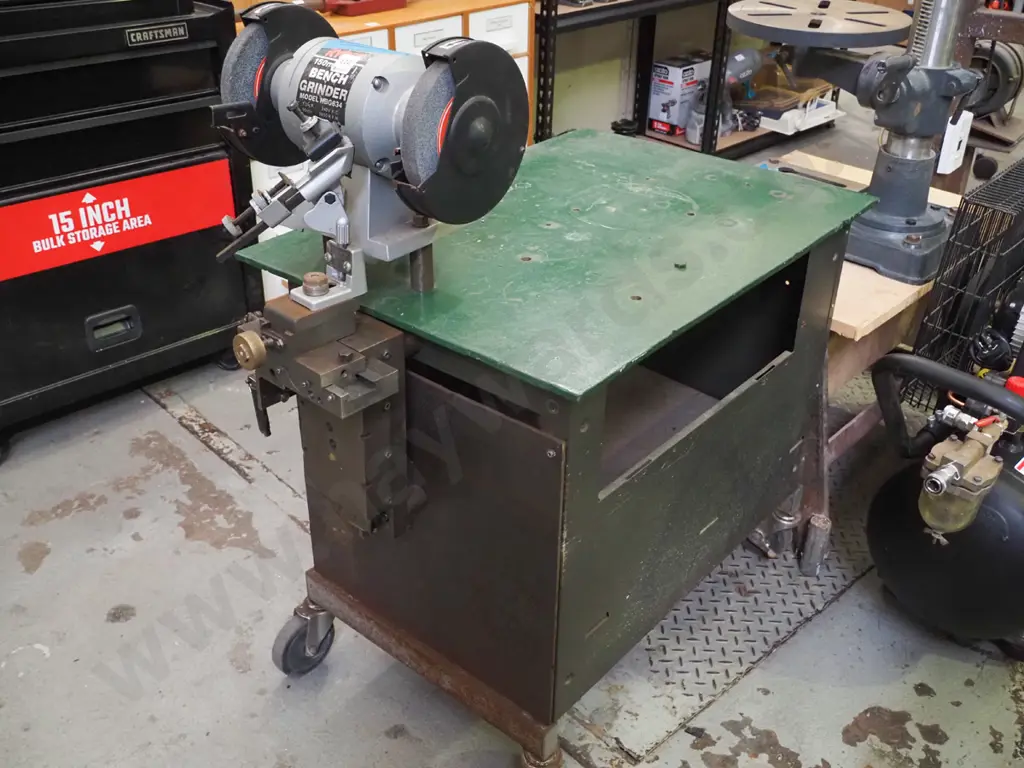 thick metal trolley on casters with drill bit sharpener and 150mm bench grinder - cord damaged on bench grinder H-650W-7 Image 1++