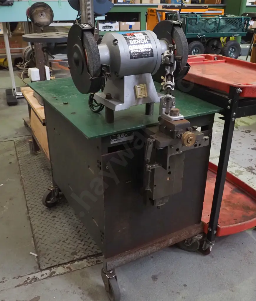 thick metal trolley on casters with drill bit sharpener and 150mm bench grinder - cord damaged on bench grinder H-650W-7 Image 1++