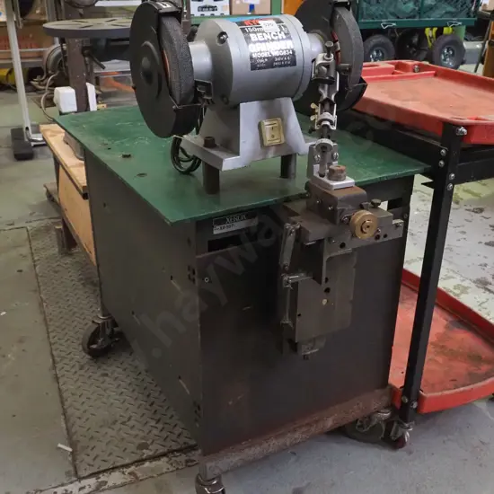 thick metal trolley on casters with drill bit sharpener and 150mm bench grinder - cord damaged on bench grinder H-650W-7