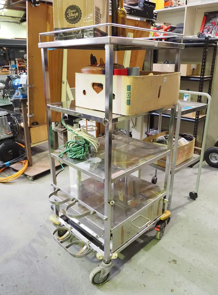 stainless steel 4 tier stand on casters - has bottom drawer plus multi box with earth wire H-1410 W-640 D-565 Image 1++