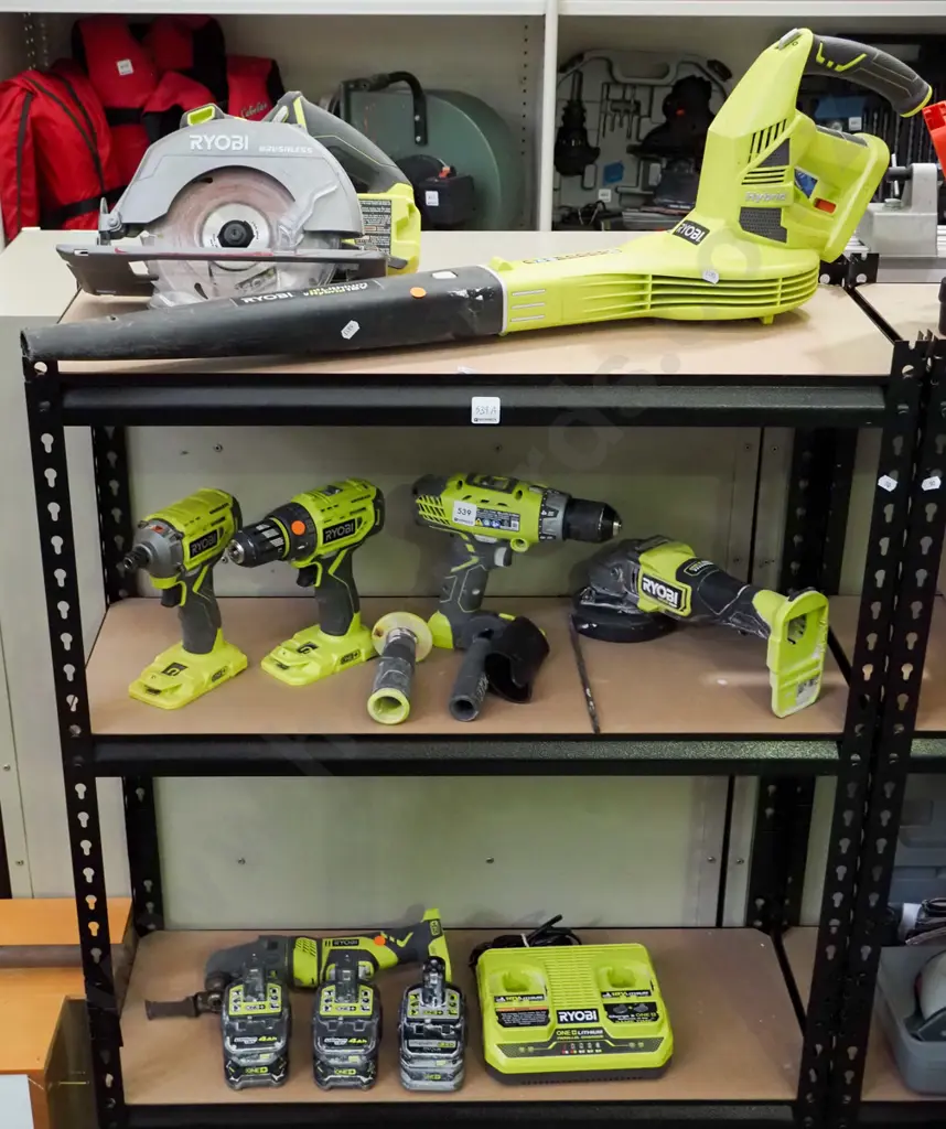 Ryobi 18V cordless tools - circular saw, blower, impact driver, 2x drills, angle grinder, multi tool, dual battery Image 1++
