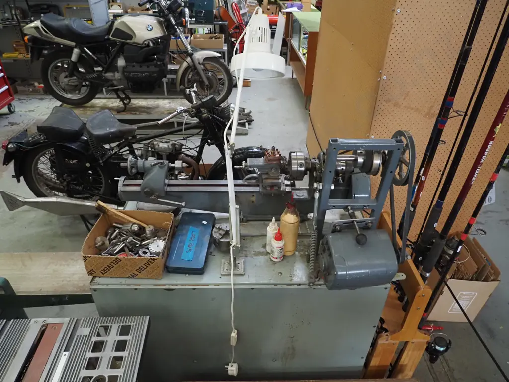 Myford engineer's lathe on homemeade cabinet stand - lathe parts, oil, anglepoise lamp Cabinet H-920 W-1000 D-525 Image 1++