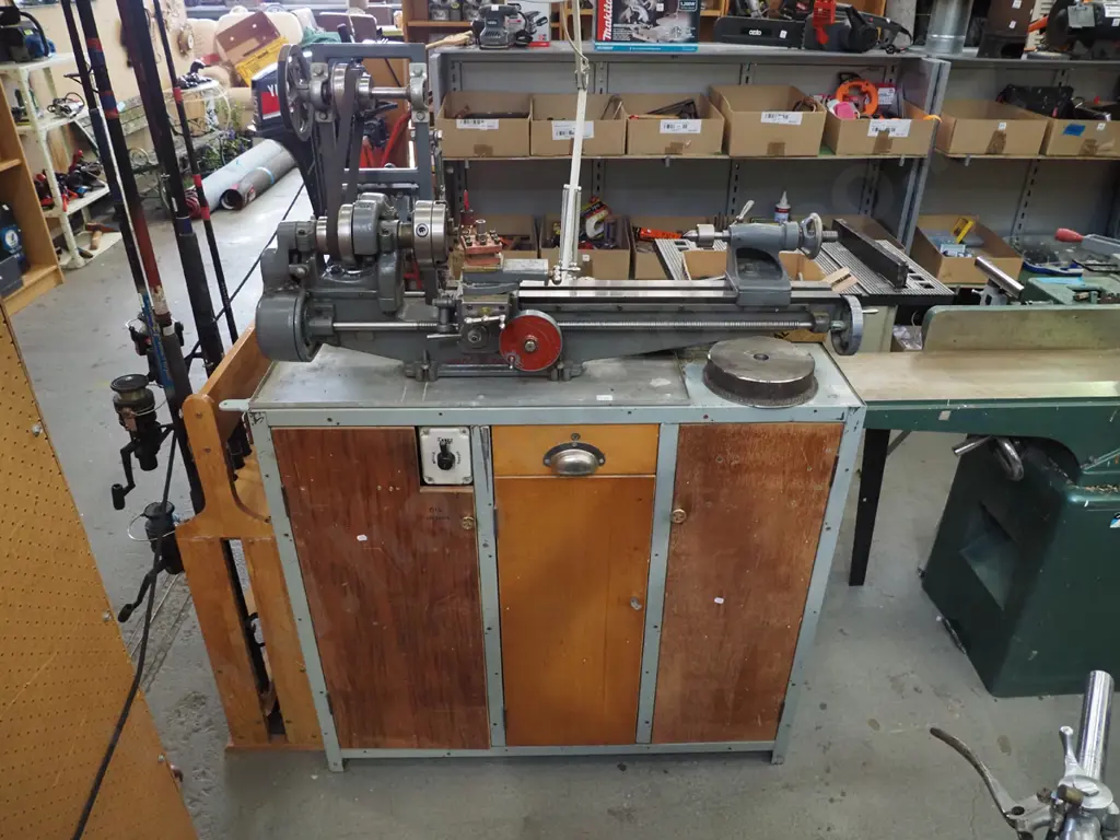 Myford engineer's lathe on homemeade cabinet stand - lathe parts, oil, anglepoise lamp Cabinet H-920 W-1000 D-525 Image 1++