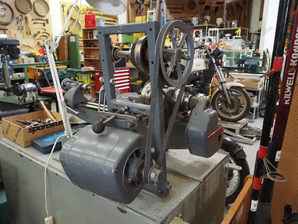 Myford engineer's lathe on homemeade cabinet stand - lathe parts, oil, anglepoise lamp Cabinet H-920 W-1000 D-525 Image 1++