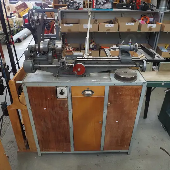 Myford engineer's lathe on homemeade cabinet stand - lathe parts, oil, anglepoise lamp Cabinet H-920 W-1000 D-525