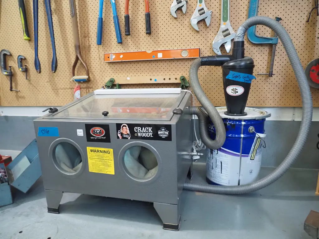SCA bench top sand blaster with LED bar light, cyclone dust collector and barrel Image 1++