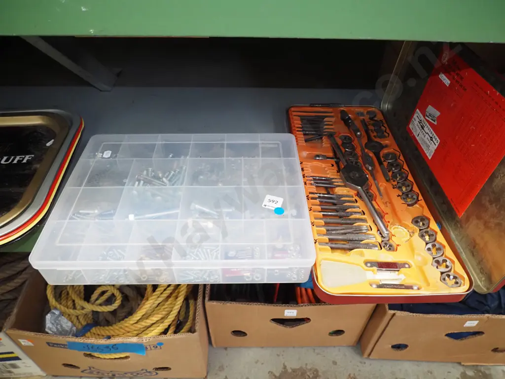 red cased tap and die set, container of nuts and bolts - blue dots Image 1++