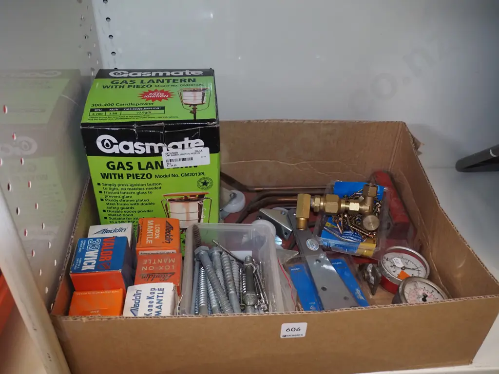 box; gas lantern, mantles, vintage hinges etc Image 1++