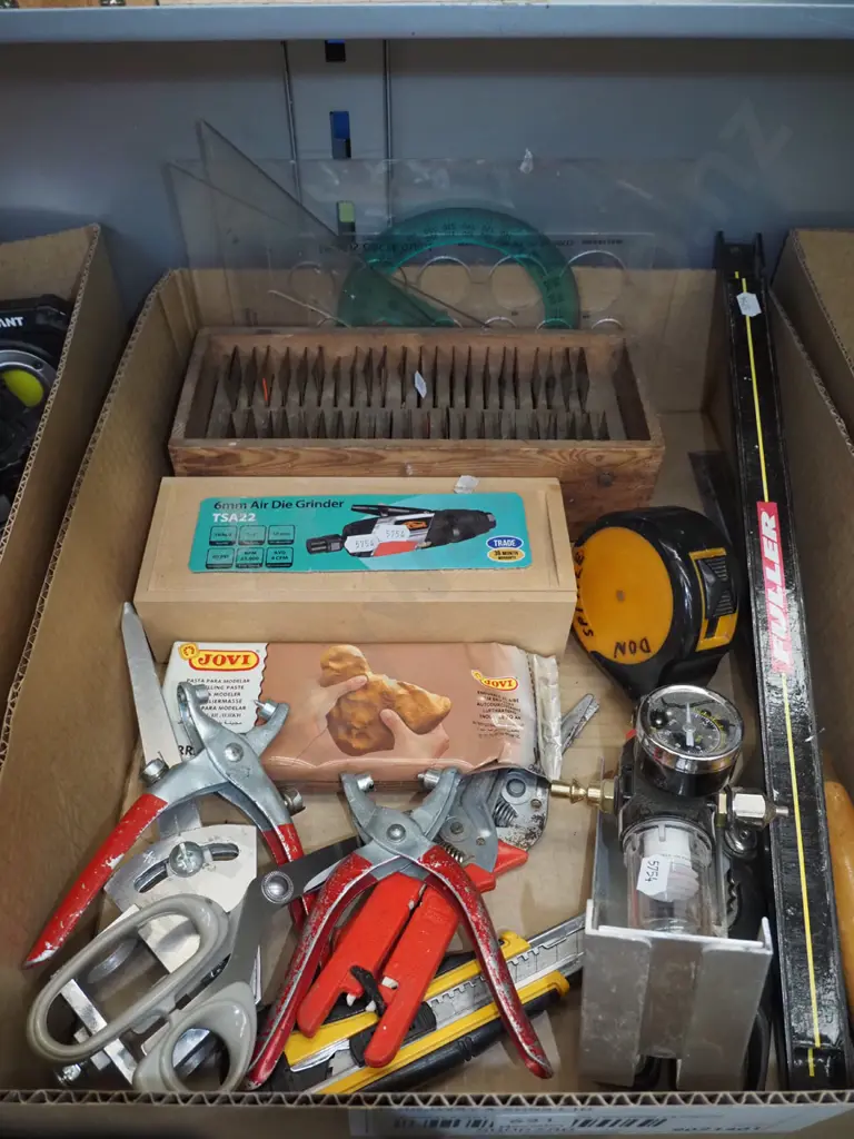 box; air grinder, copper alphabet stencils, tape measure, chisels etc Image 1++