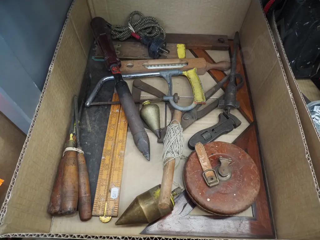 box; vintage plumb bob, draughting square, soldering iron etc Image 1++