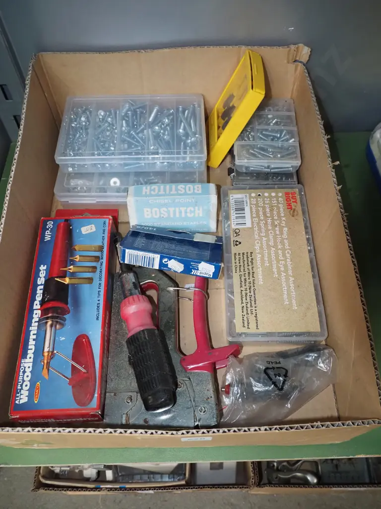 box; nuts, bolts, springs, wood burning pen set etc Image 1++