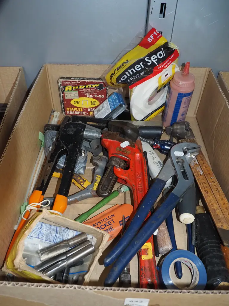 box; plumbers stilsons, string line, pop riveter Image 1++