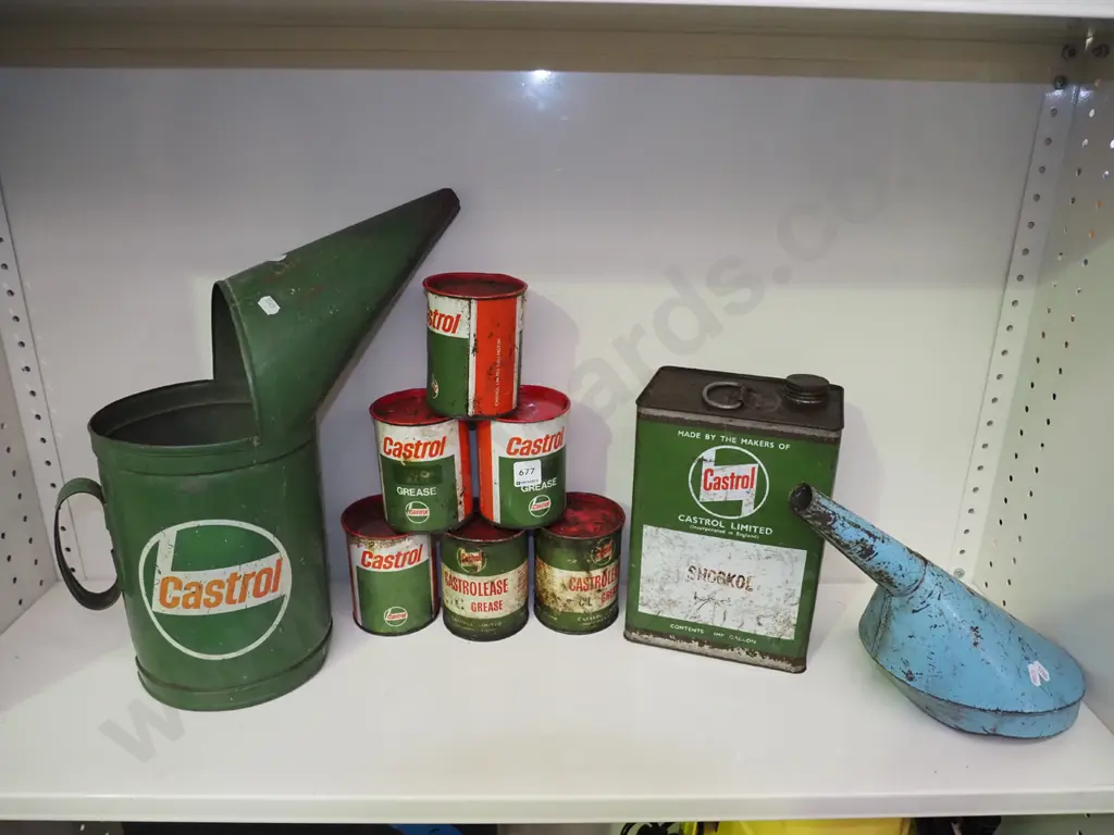 shelf;  large Castrol oil pourer, grease tins etc Image 1++
