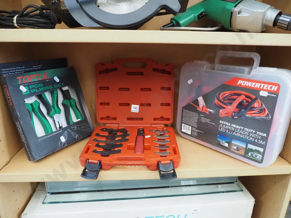 adjustable wrench spanner, jumping cables, 3 piece plier set Image 1++