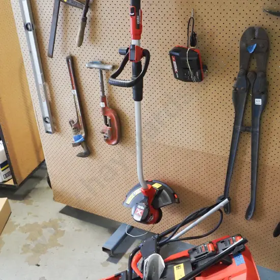 Ozito 18V line trimmer, lawn mower, charger, 2 batteries - batteries in office