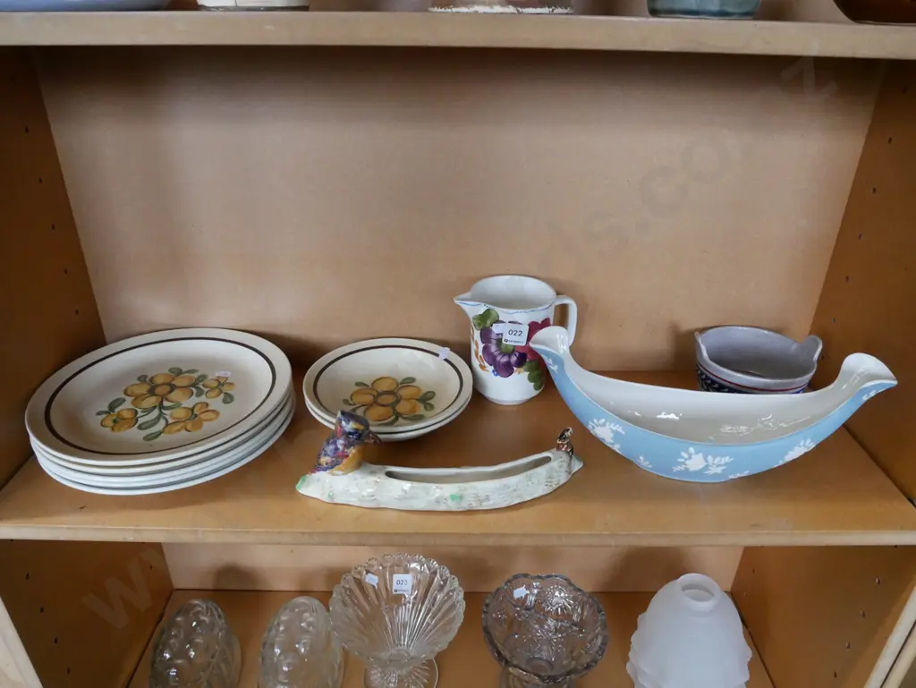 shelf; Crown Lynn plates, bowl, jug, vase etc Image 1++