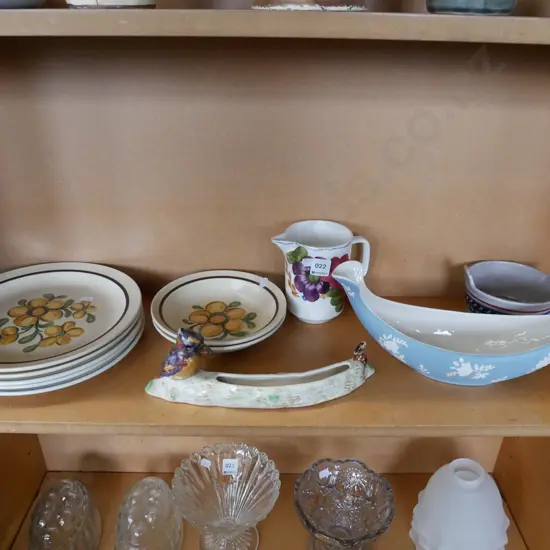 shelf; Crown Lynn plates, bowl, jug, vase etc