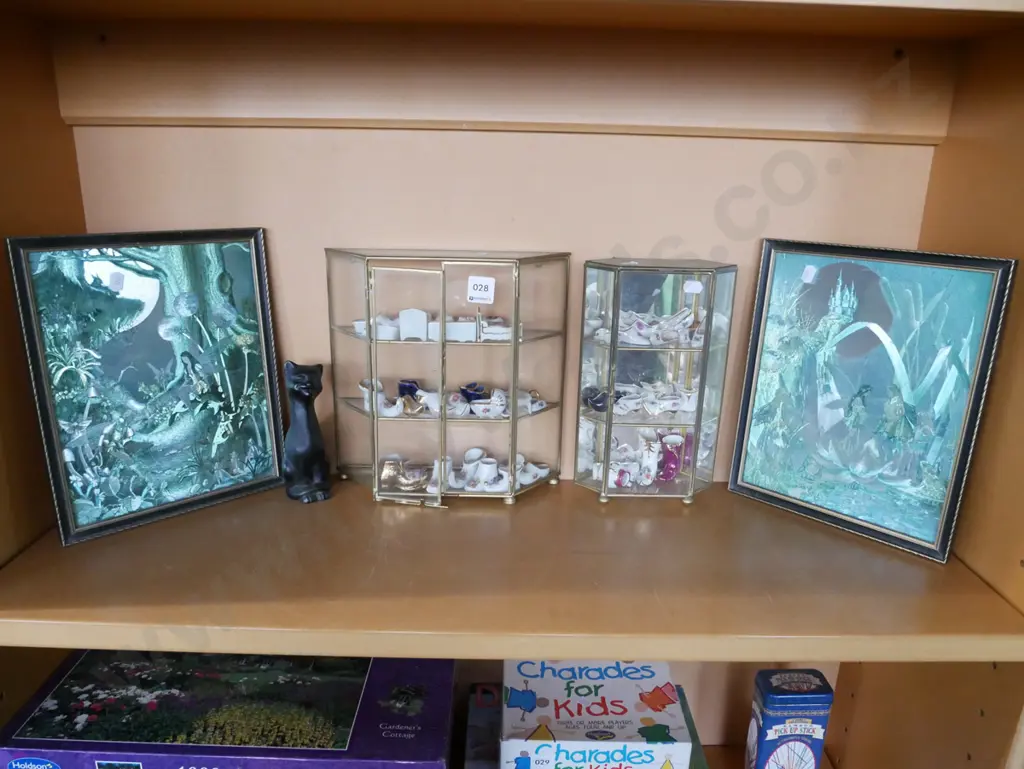 2x small display cabinets and contents H-255, 2x fairy prints, cat figurine Image 1++