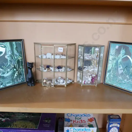 2x small display cabinets and contents H-255, 2x fairy prints, cat figurine