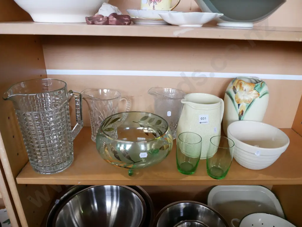 shelf; green glass footed bowl, vase, jug etc Image 1++