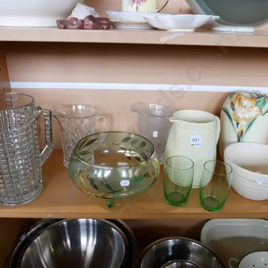 shelf; green glass footed bowl, vase, jug etc