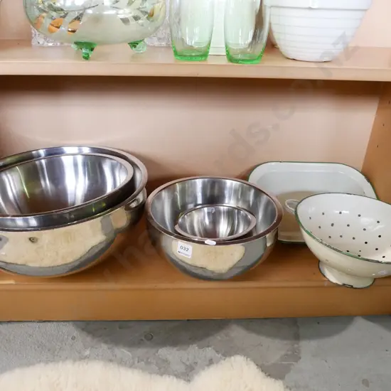stainless steel bowls, enamel colander, baking dish