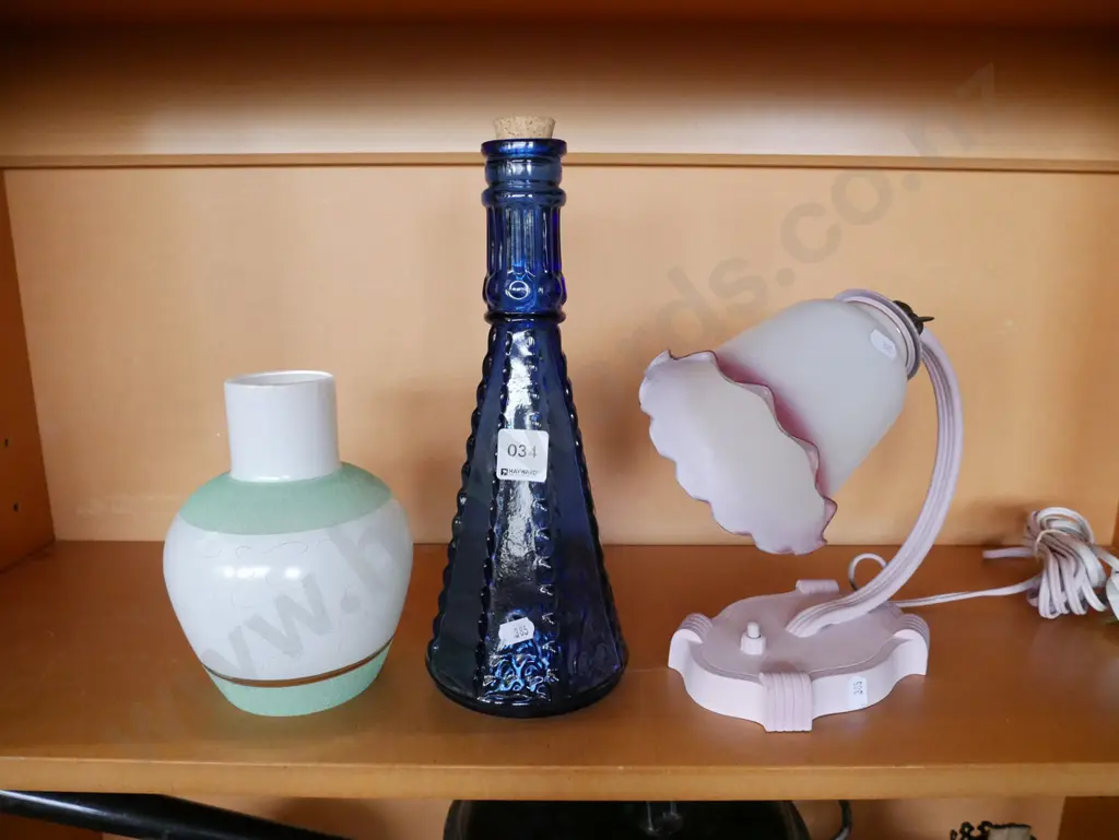 retro light shade, blue glass bottle, pink frilled hand painted wall mounted lamp Image 1++