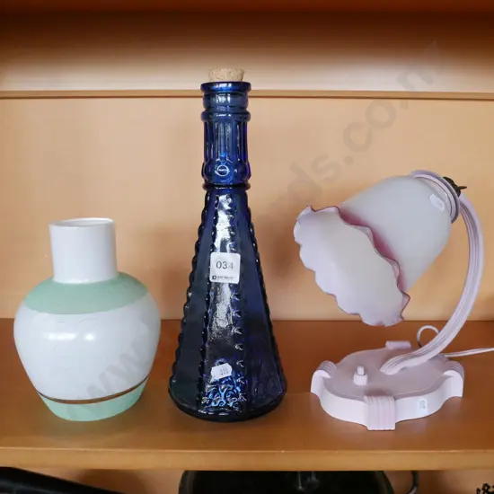 retro light shade, blue glass bottle, pink frilled hand painted wall mounted lamp