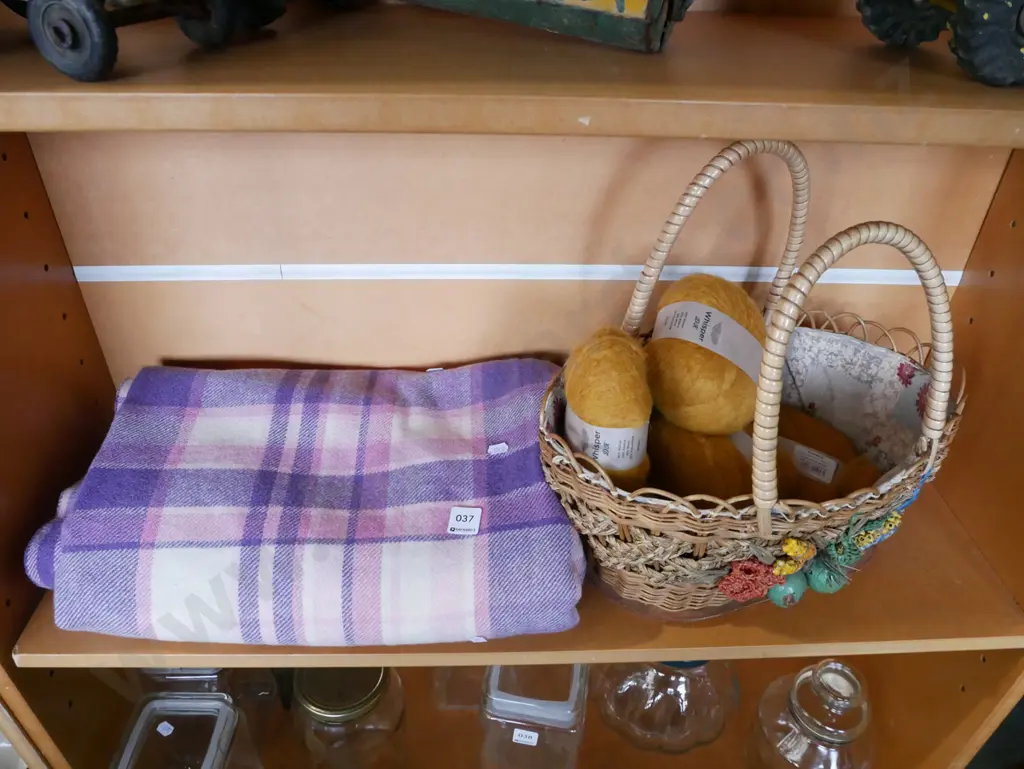 checked woollen blanket, basket, knitting yarn Image 1++