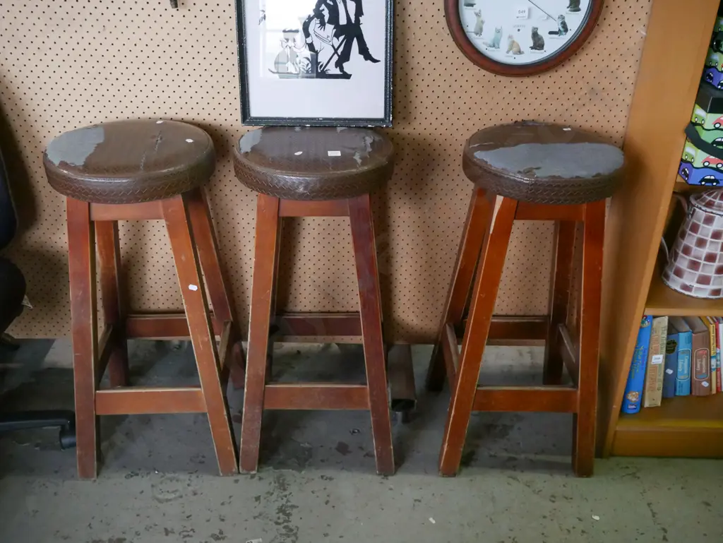 3x pine and upholstered bar stools - upholstery needs attention Image 1++