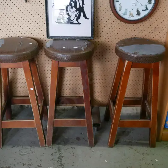 3x pine and upholstered bar stools - upholstery needs attention