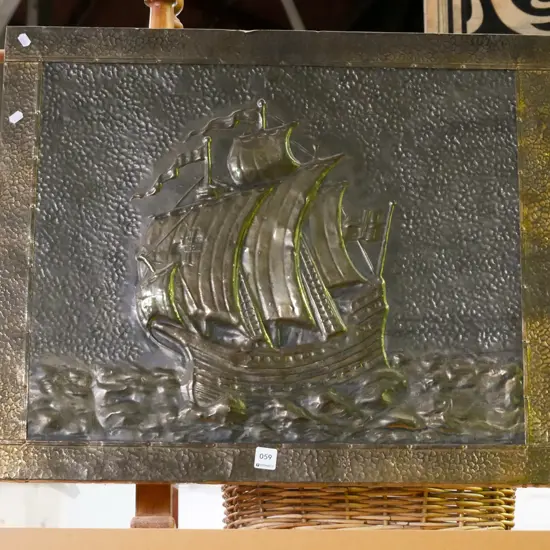 beaten brass fire screen, galleon