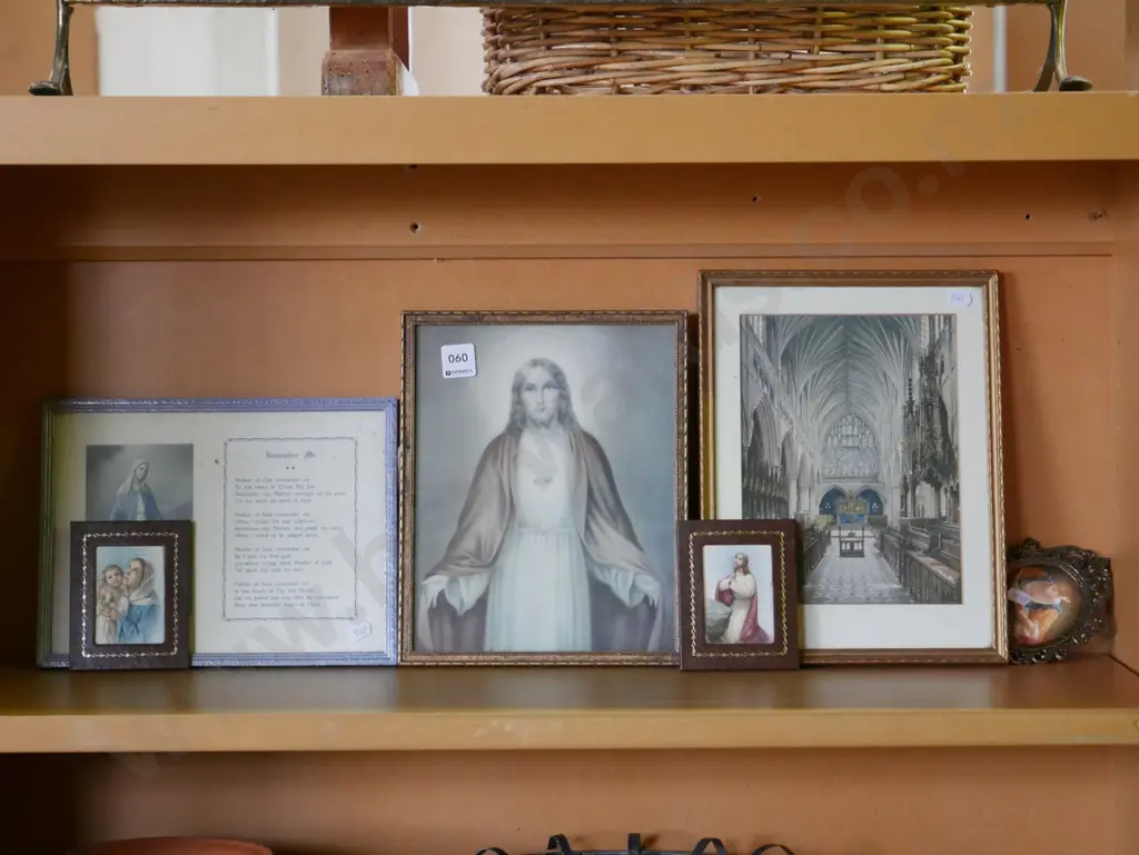 shelf; various religious prints Image 1++