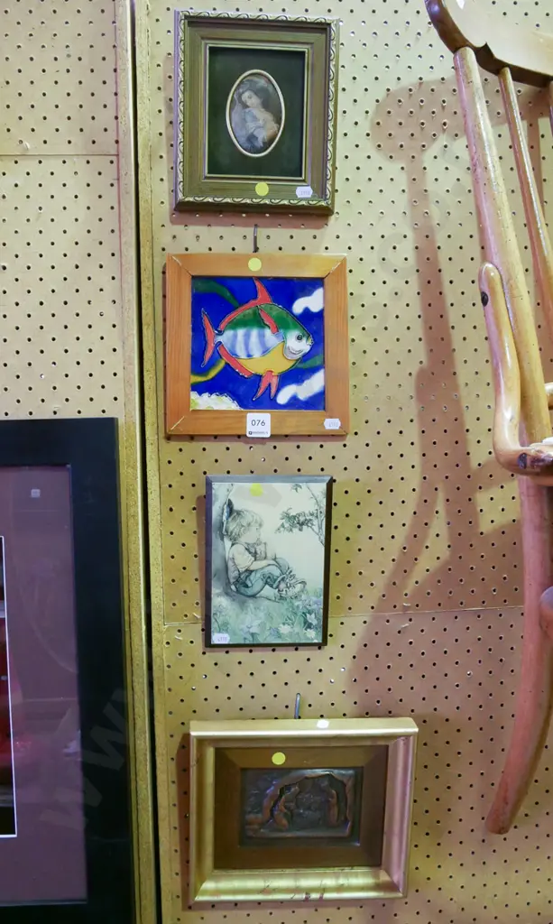 framed print on silk, wall tile, print on board, cast copper nativity scene - yellow dots Image 1++