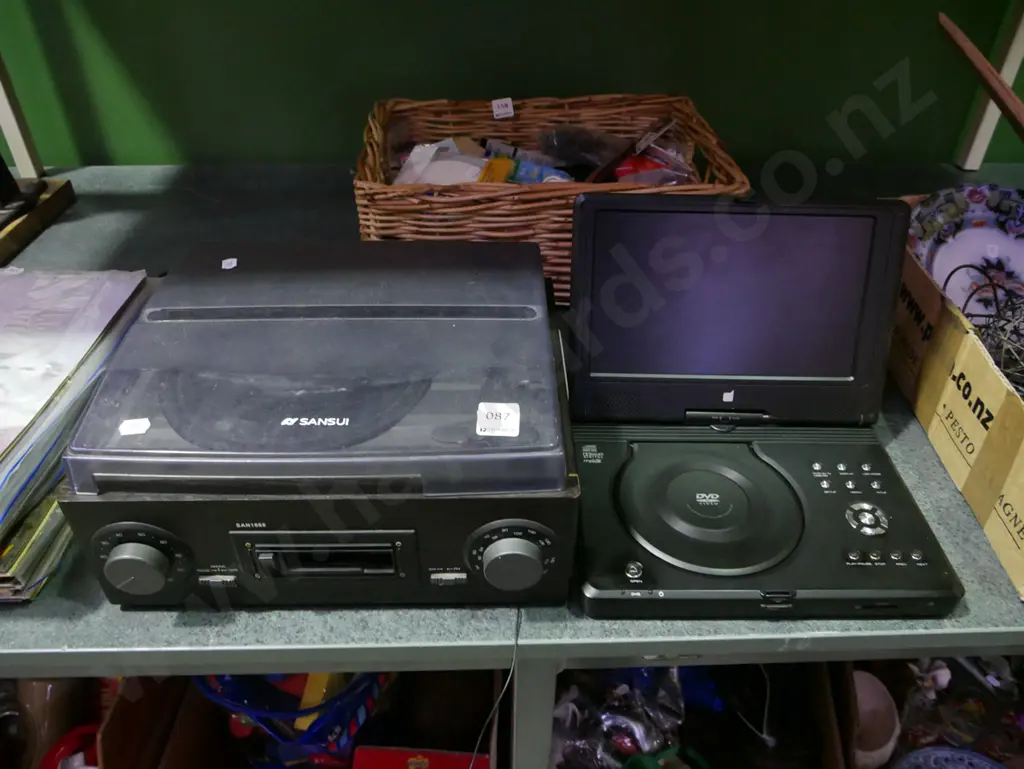 small Sansui turntable, tape cassette, radio, DVD player Image 1++
