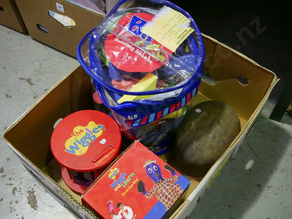 box of childrens toys; building blocks, Wiggles wooden wheel Image 1++