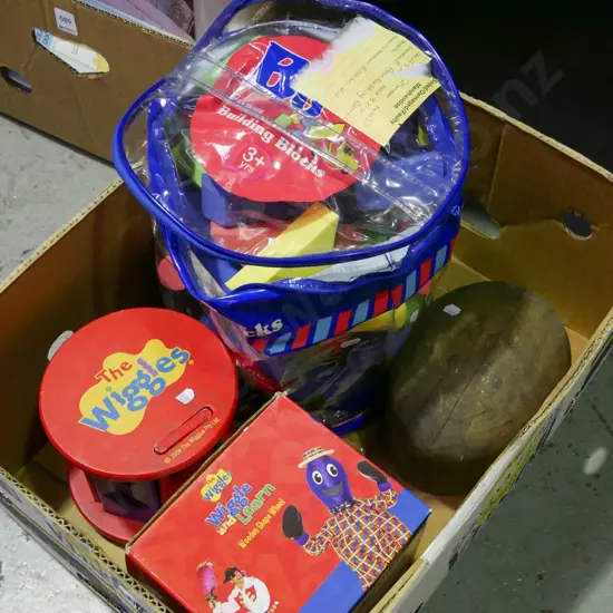 box of childrens toys; building blocks, Wiggles wooden wheel
