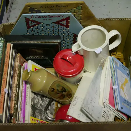 box; various books, maps, jugs etc