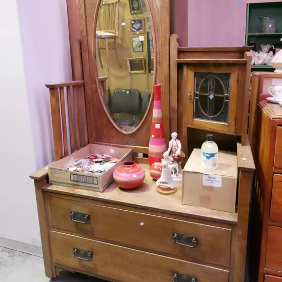 restorer's arts and crafts oak 2 drawer mirror back dresser with 1small leadlight 