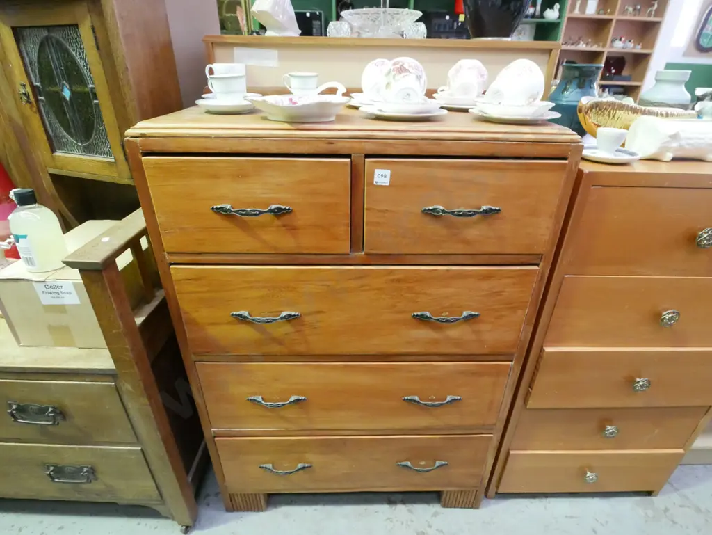 solid rimu 5 drawer chest - varnish needs attention H-1080 W-730 D-385 Image 1++