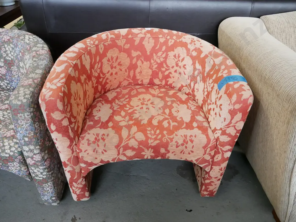 orange and yellow floral upholstered tub chair Image 1++