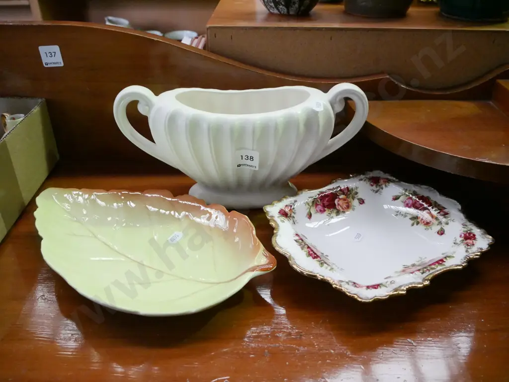 Royal Albert Old Country Rose dish, Royal Winton leaf dish, Falconware glass Image 1++
