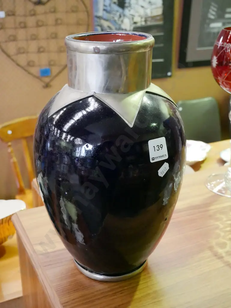 blue glazed and plated vase H-330 Image 1++