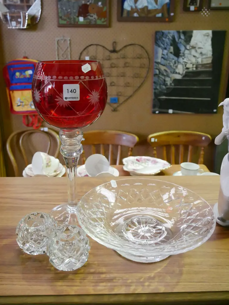 large ruby cut glass goblet H-300, bowl, 2x cut crystal tea light candlesticks Image 1++