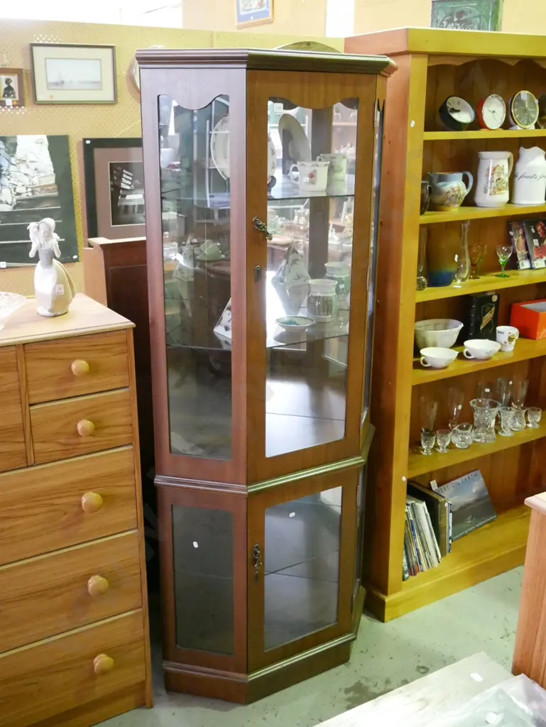 mdf faux wood veneer 2 drawer corner cabinet with glazed sides H-1830 D-550 W-790 Image 1++