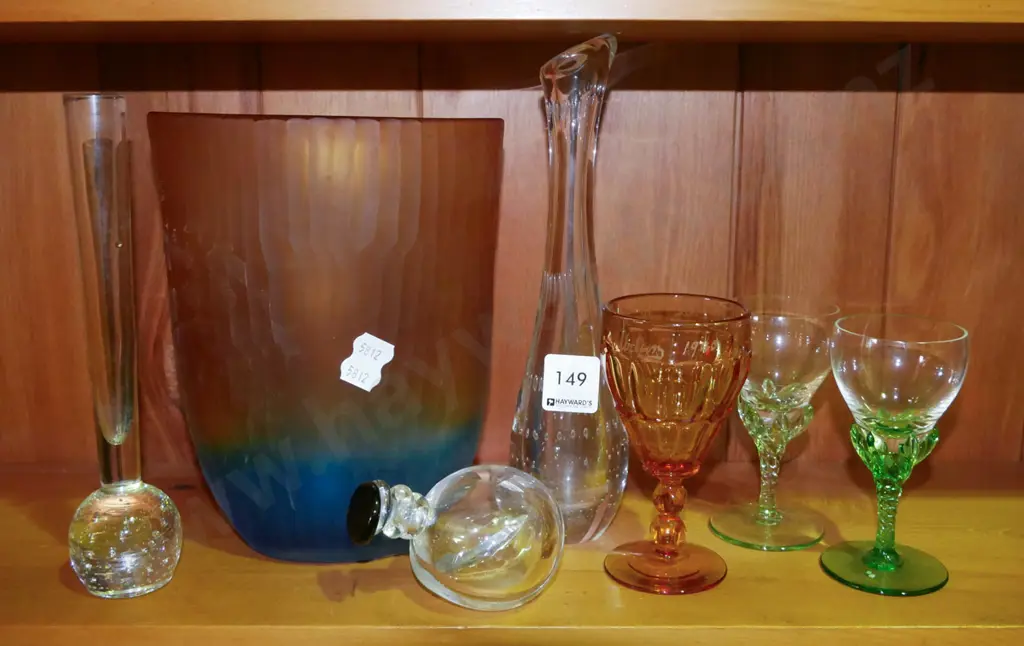glass ware,  sherry glasses, vases, multi-coloured vase H-210 etc Image 1++