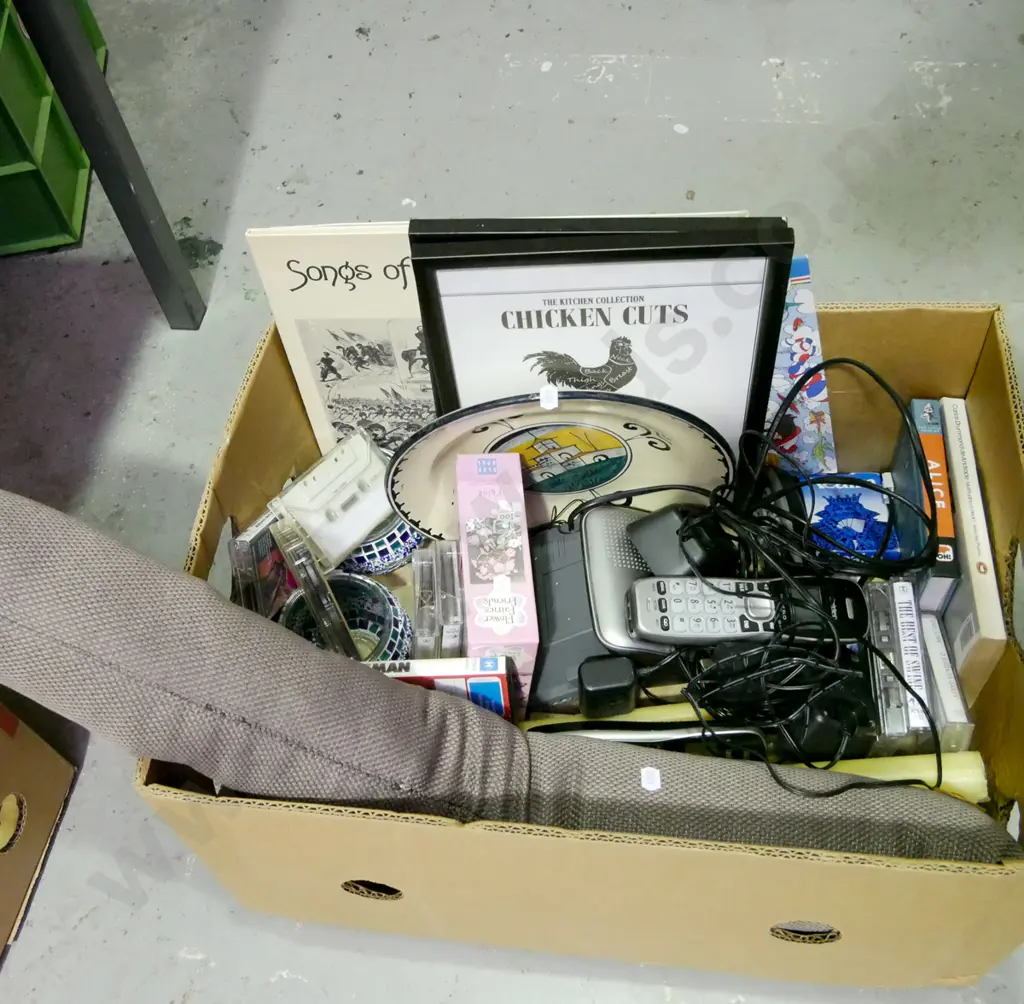 box; tape cassette, playing cards, bowl, draught stopper etc Image 1++